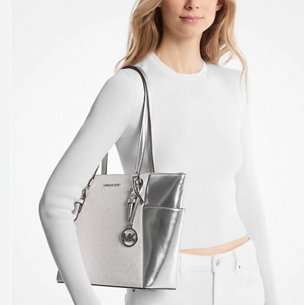 Michael Kors Metallic Silver and White Tote NWT